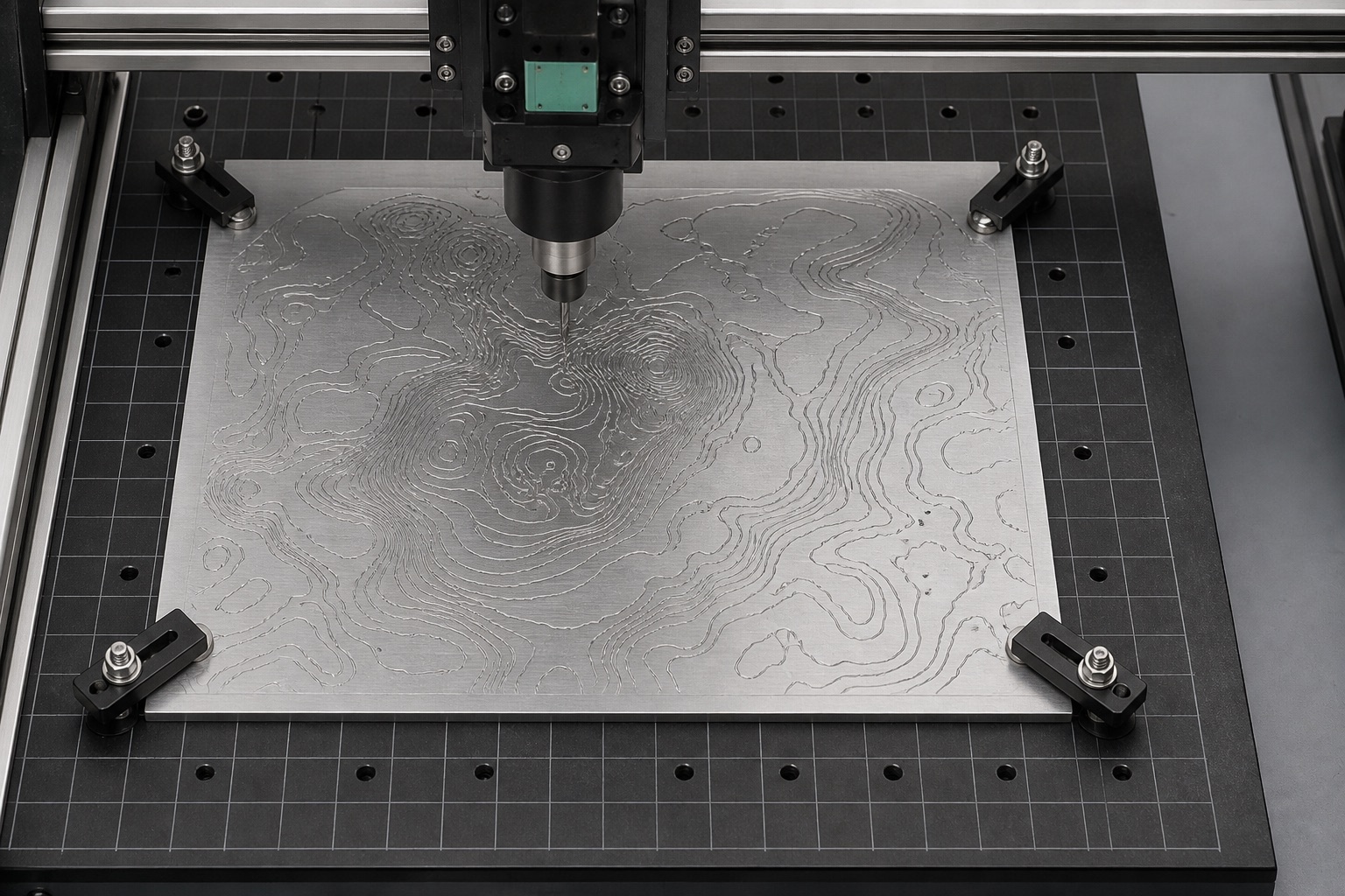 Фреза CNC гравирует сложный геометрический контур на металле